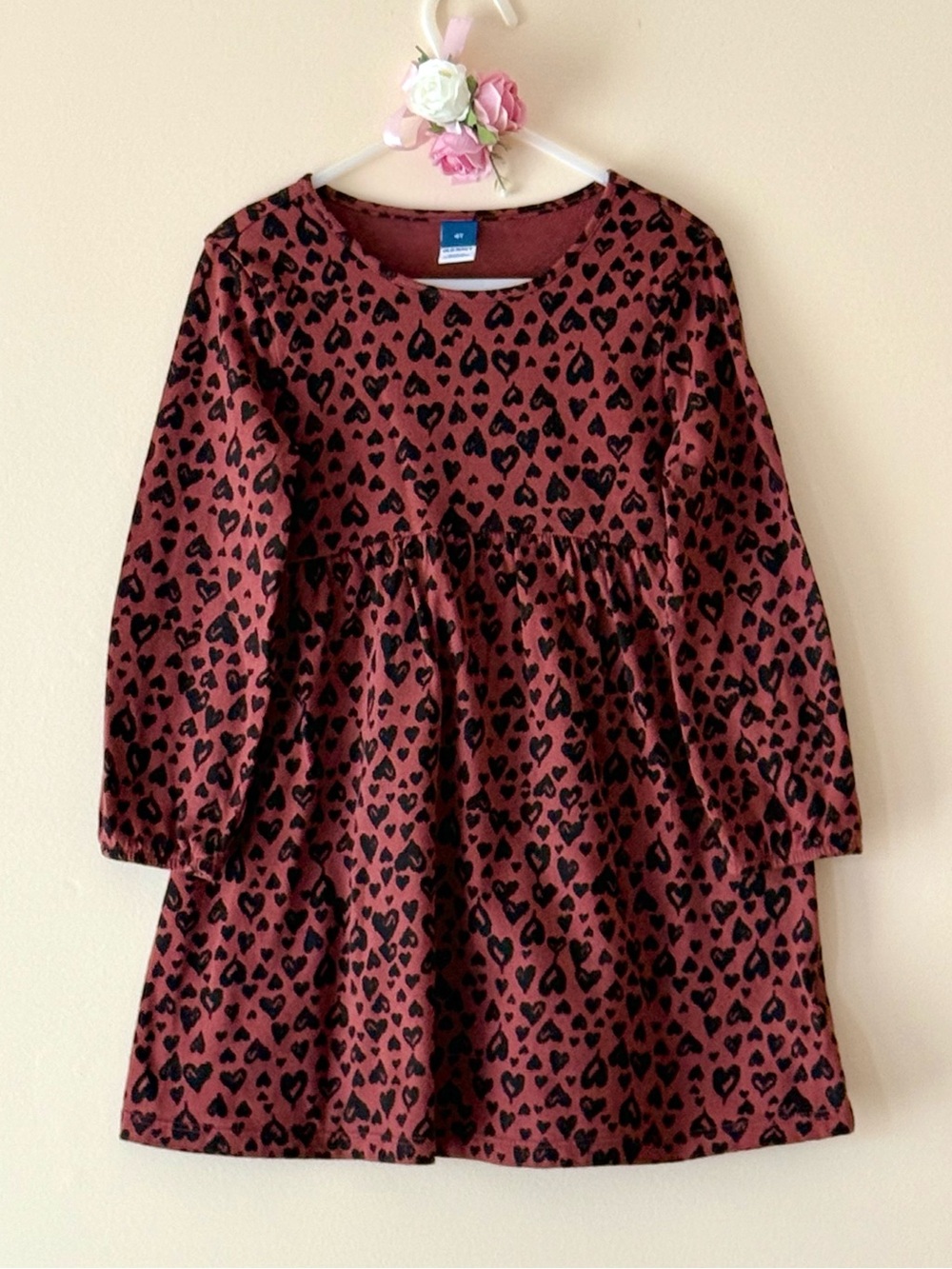 Old Navy Toddler Girls Leopard Heart Print Long Sleeve Dress, Size 4T